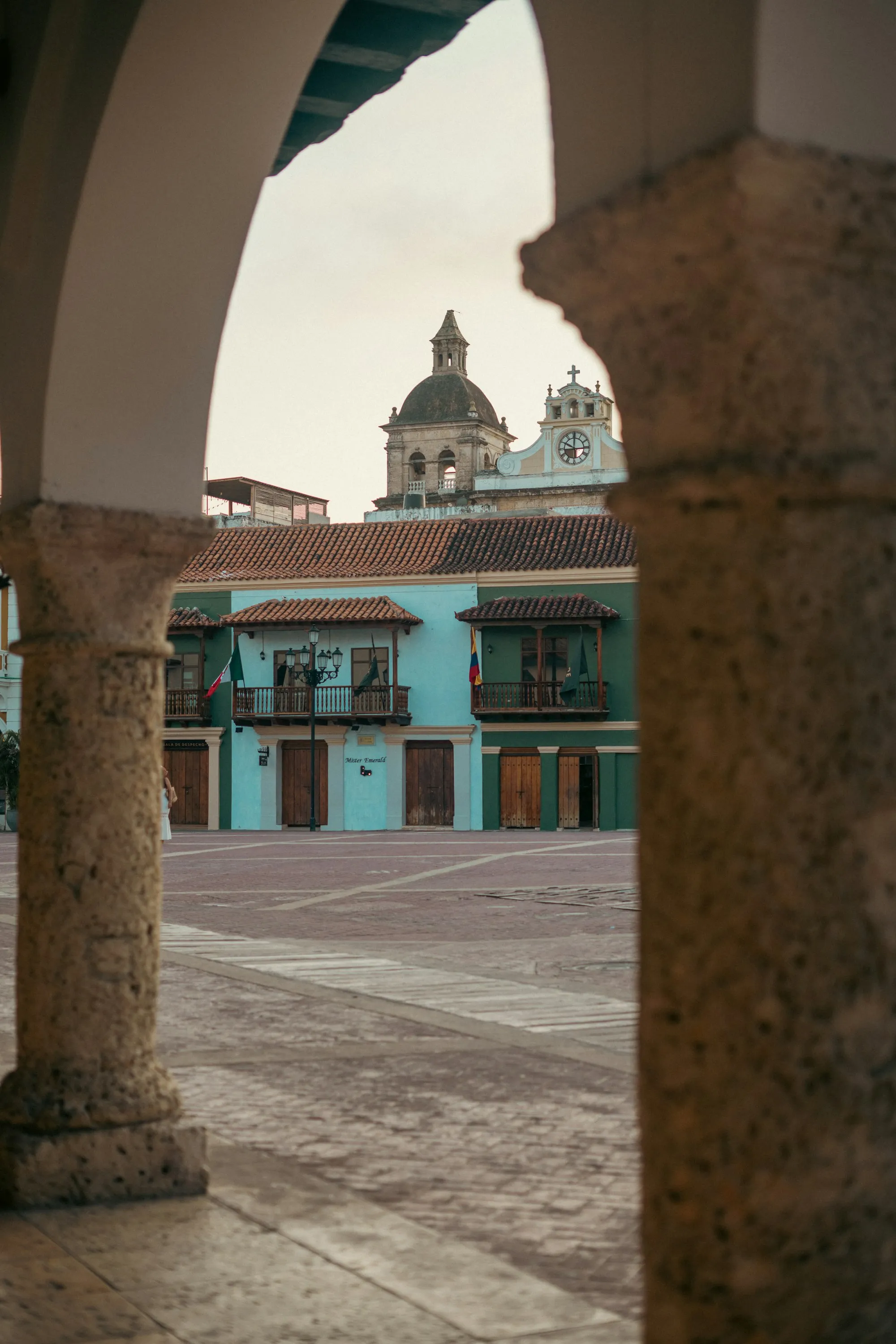Plaza San Pedro Claver, framed by colonial arches